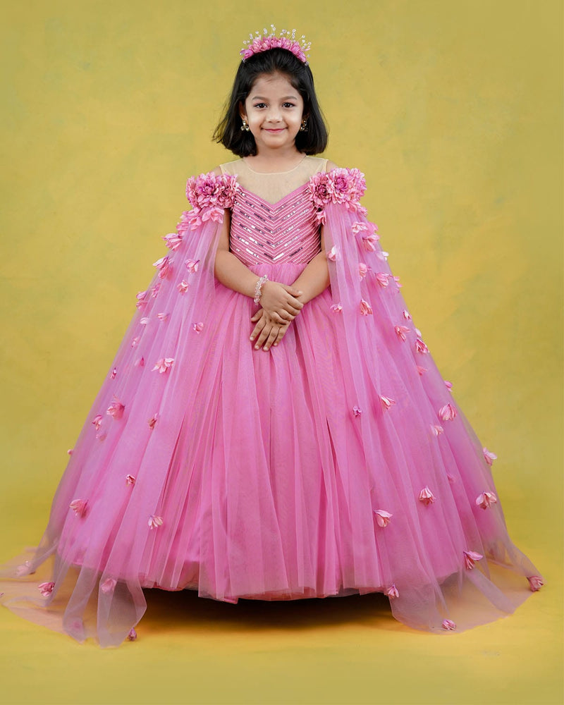 Buy Pastel Pink Sequins Embroidered Net Evening Gown Online | Samyakk